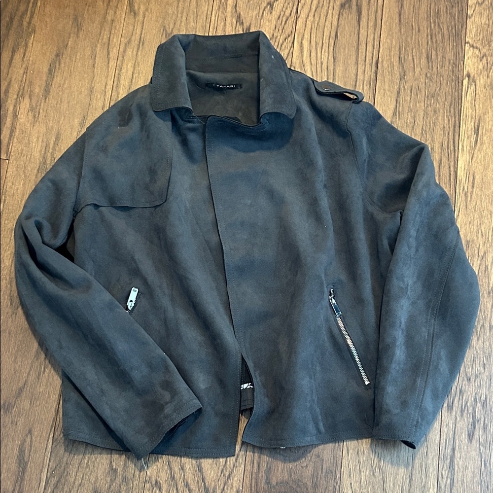 T Tahari Faux Suede Cropped Moto Biker Jacket Carbon Sky Size L